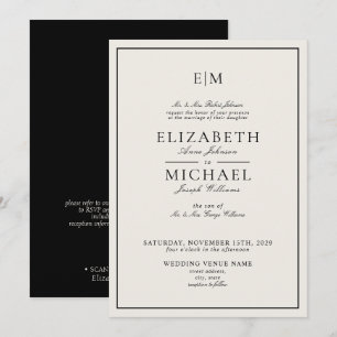 QR Code Ivory Black Classic Monogram Wedding Invitation