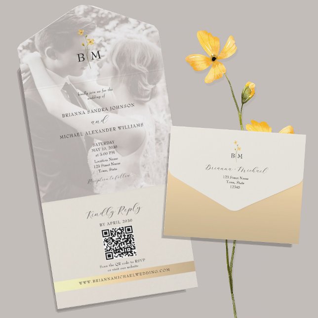 QR Code Ivory Gold Photo Wedding All In One Invitation (Creator Uploaded)