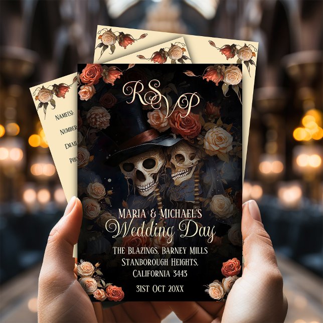 QR Code Kissing Skeletons RSVP Gothic Wedding Enclosure Card (Simple RSVP for your gothic wedding based on flirtatious kissing skeletons.)