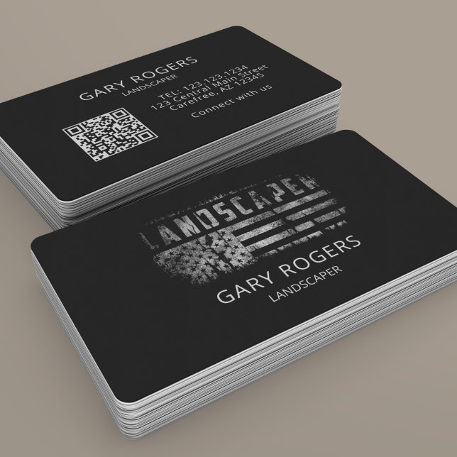 QR Code Landscaper American Flag Business Card (Creator Uploaded)