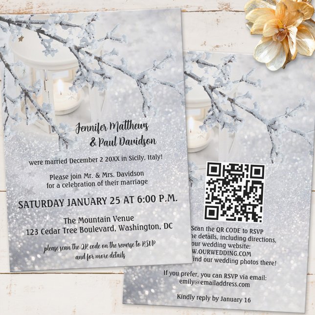 QR Code Lantern Snow Winter Wedding Reception Only Invitation (Creator Uploaded)