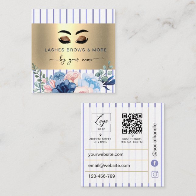 Qr Code Lash Tech floral Stripes Square Business Card (Front/Back)