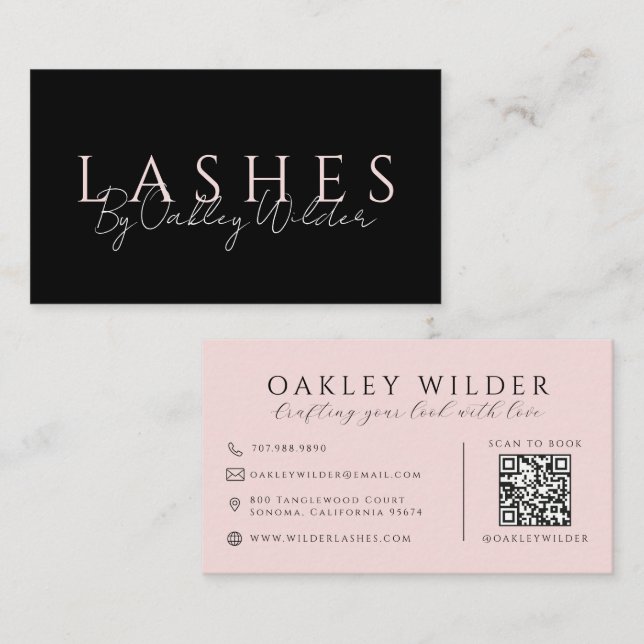 QR Code Lash Technician Blush Pink Black Business Card (Front/Back)