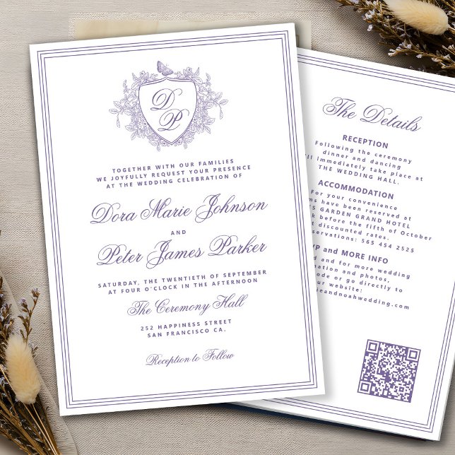 QR code lavender crest monogram wedding Invitation (Creator Uploaded)