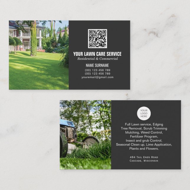 QR code Lawn Care business card with photos (Front/Back)