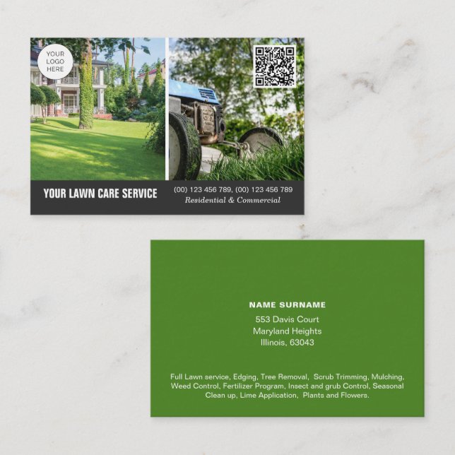 QR code Lawn Care business card with photos (Front/Back)
