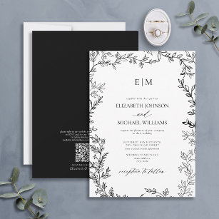 QR Code Leaf Black White Elegant Monogram Wedding Invitation