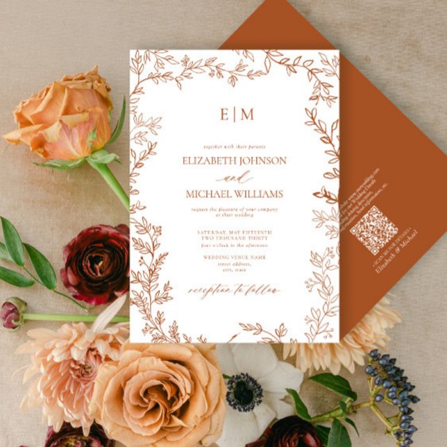 QR Code Leaf Burnt Orange Elegant Monogram Wedding Invitation (Creator Uploaded)