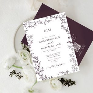QR Code Leaf Plum Purple Elegant Monogram Wedding Invitation