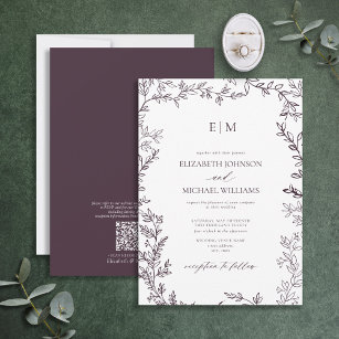 QR Code Leaf Plum Purple Elegant Monogram Wedding Invitation