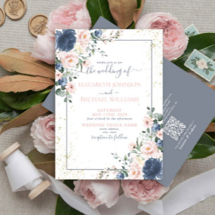 QR Code Light Dusty Blue Blush Pink Gold Floral Invitation