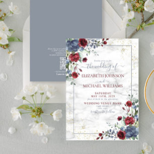 QR Code Light Dusty Blue Burgundy Gold Floral Invitation