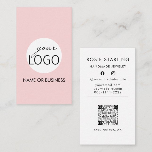 QR Code Light Pink Professional Logo Vertical Business Card (Front/Back)