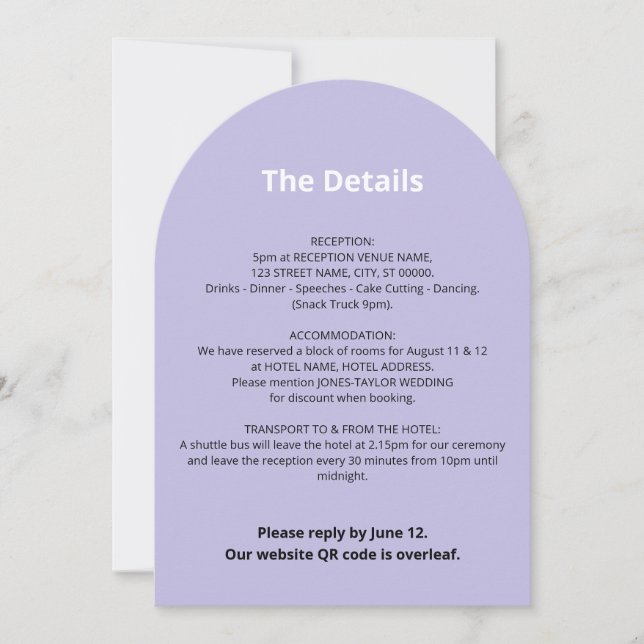 QR Code Light Purple Wedding Details Card (Front)