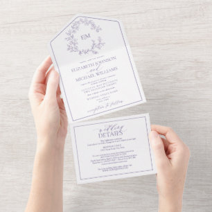 QR Code Lilac Lavender Leafy Crest Monogram All In One Invitation