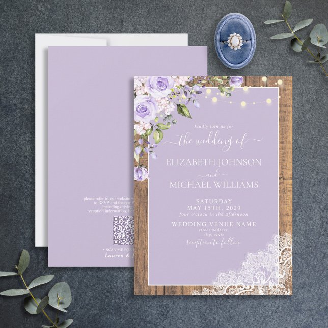 QR Code Lilac Lavender Rustic Wood Lace Wedding Invitation (Creator Uploaded)