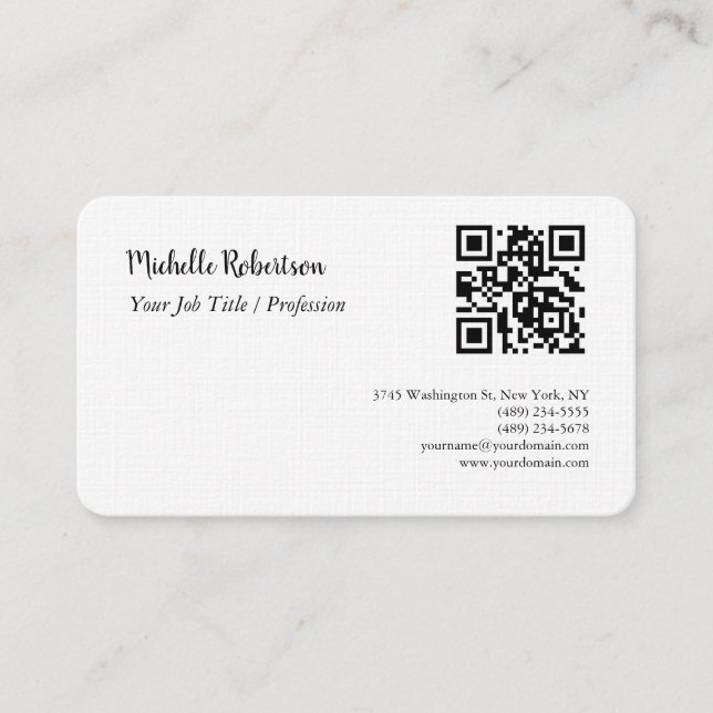 QR Code Linen Black White Plain Minimalist Business Card (Front)