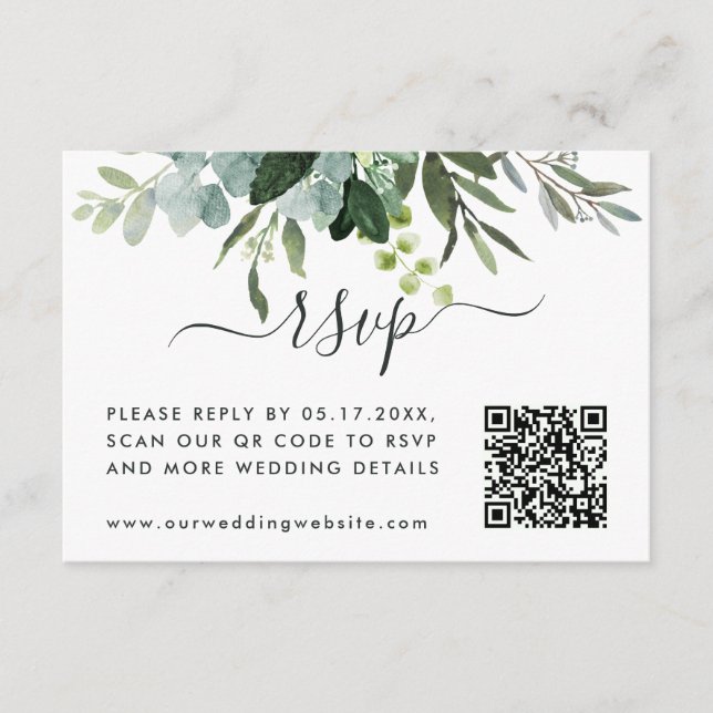 QR Code Link RSVP Eucalyptus Green Foliage  Enclosure Card (Front)