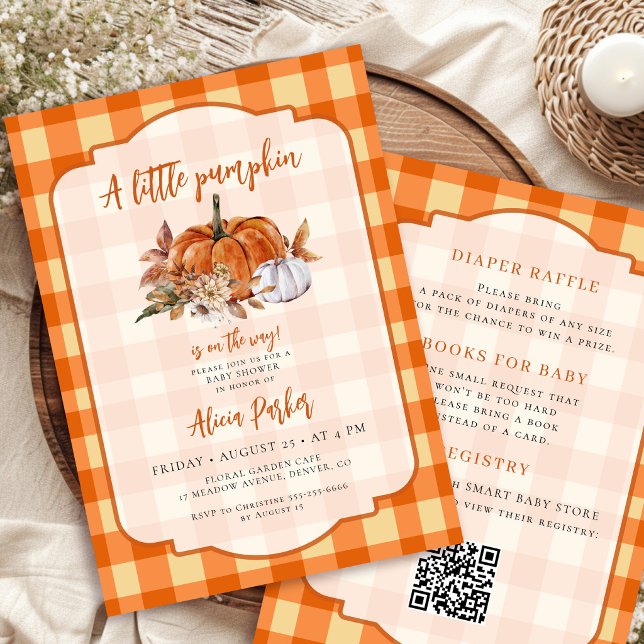 QR code little pumpkin orange gingham baby shower Invitation (Creator Uploaded)