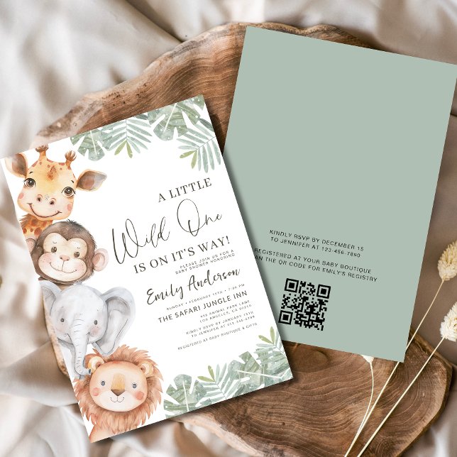 QR Code Little Wild One Safari Animals Baby Shower Invitation (Creator Uploaded)