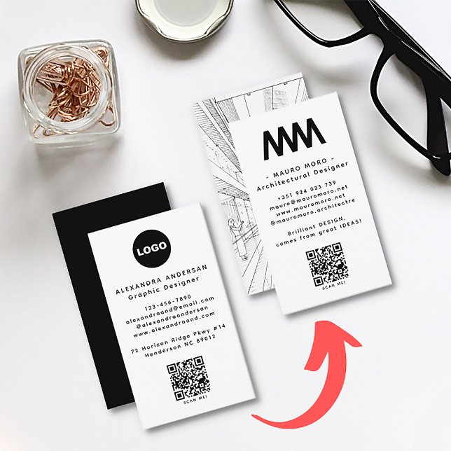 QR Code Logo Black White Minimalist Professional  Business Card (Custom Logo QR Code Simple Modern Minimalist Business Card)