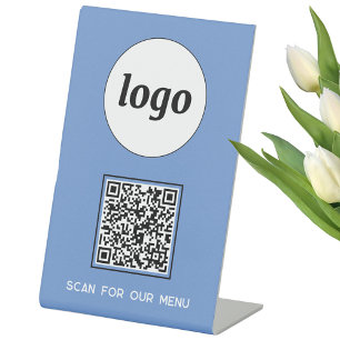 QR Code Logo Business Scan for Menu Blue Pedestal Sign