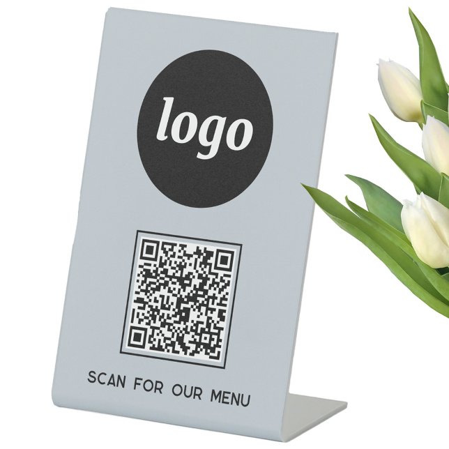 QR Code Logo Business Scan for Menu Light Blue Pedestal Sign (Logo with custom text and QR code light dusty powder blue business Scan for Menu pedastal sign)