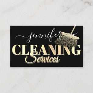 QR Code Logo Cleaning Services Golden Script Black Business Card