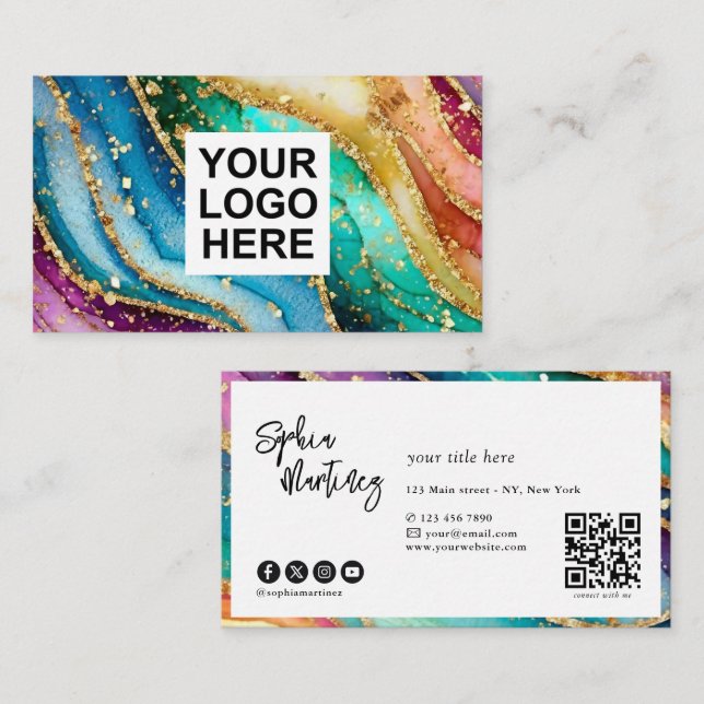 QR Code & Logo Elegant Rainbow Agate gold Glitter  Business Card (Front/Back)