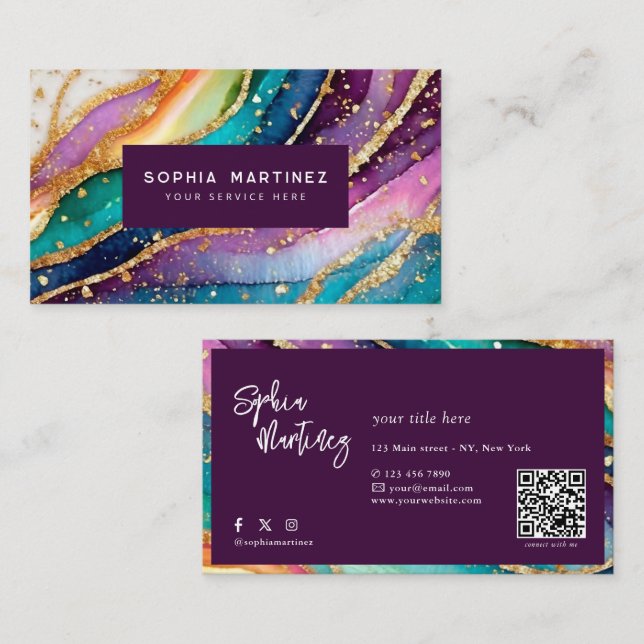 QR Code & Logo Elegant Rainbow Agate gold Glitter  Business Card (Front/Back)