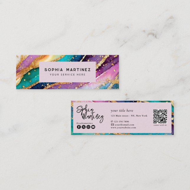 QR Code & Logo Elegant Rainbow Agate gold Glitter  Mini Business Card (Front/Back)