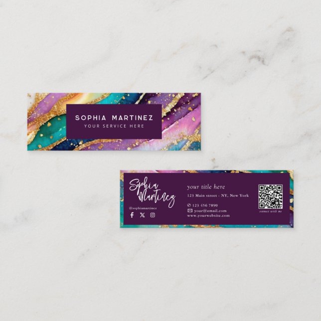 QR Code & Logo Elegant Rainbow Agate gold Glitter  Mini Business Card (Front/Back)