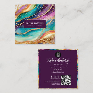 QR Code & Logo Elegant Rainbow Agate gold Glitter Square Business Card