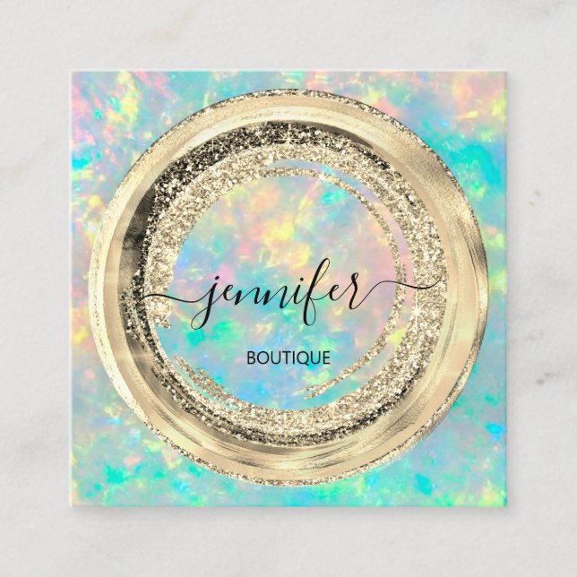 QR Code Logo Frame Glitter Gold Drips Holograph Square Business Card (Front)