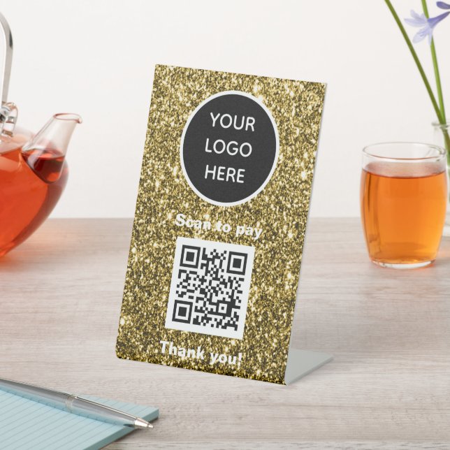 QR Code Logo Glitter Gold Business Scan me Website Pedestal Sign (In SItu)