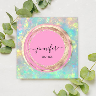 QR Code Logo Glitter Gold Drips Holograph Pink Square Business Card