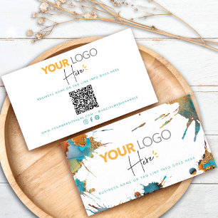 QR Code Logo Gold Turquoise Watercolor Splatter Business Card