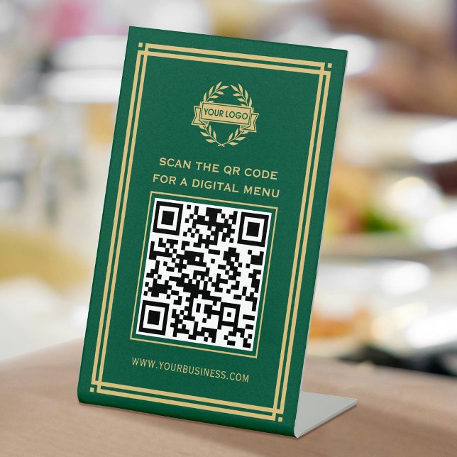 QR Code Logo Menu Contactless Classic Green Gold Pedestal Sign (Creator Uploaded)