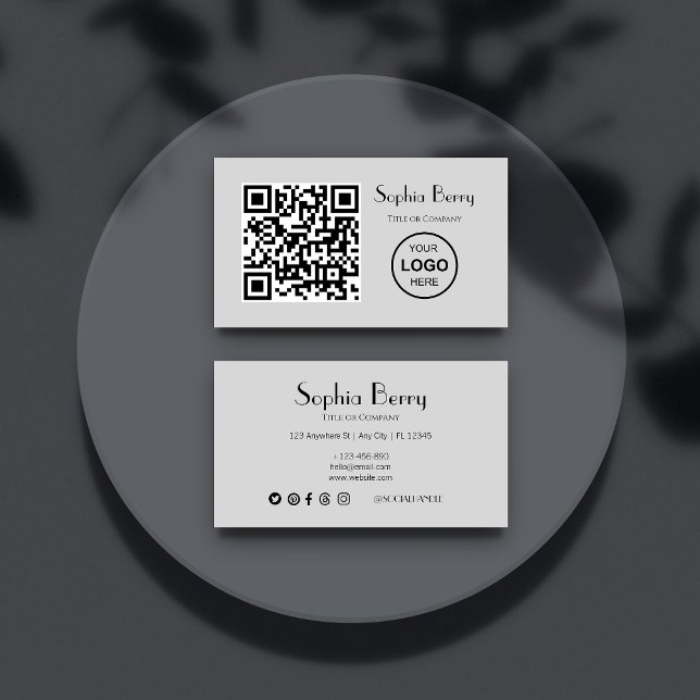 QR Code Logo Modern Minimal Grey Business Card (Front and Back)
