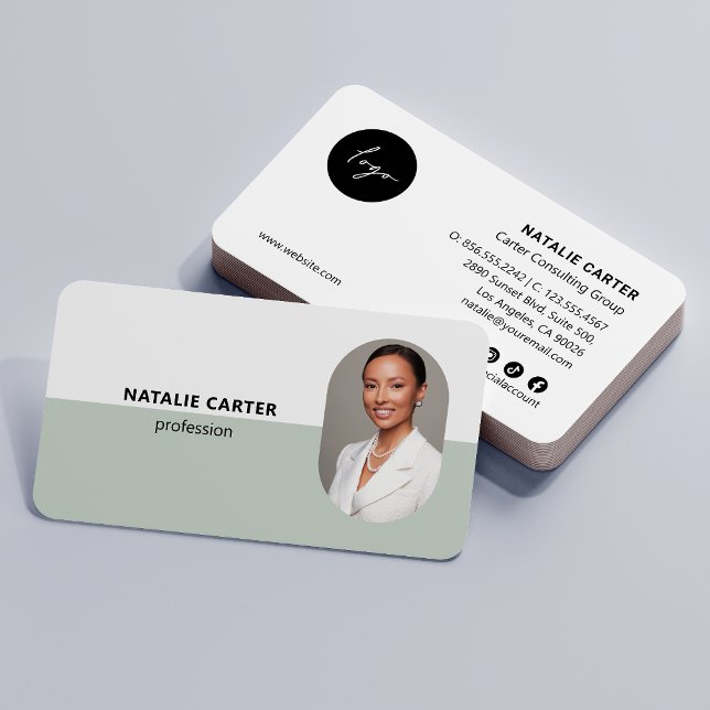 QR CODE  Logo OVAL Photo Professional SAGE GREEN Business Card (Creator Uploaded)