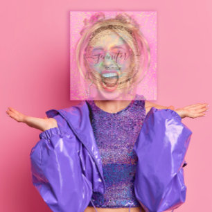 QR Code Logo Pink Glitter Gold Drips Holographic  Square Business Card