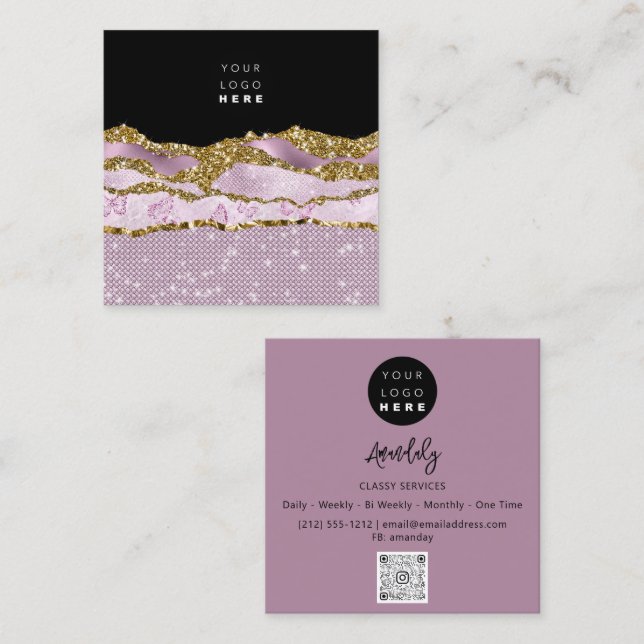 QR Code Logo Pink Glitter Rose Black Strokes  Square Business Card (Front/Back)