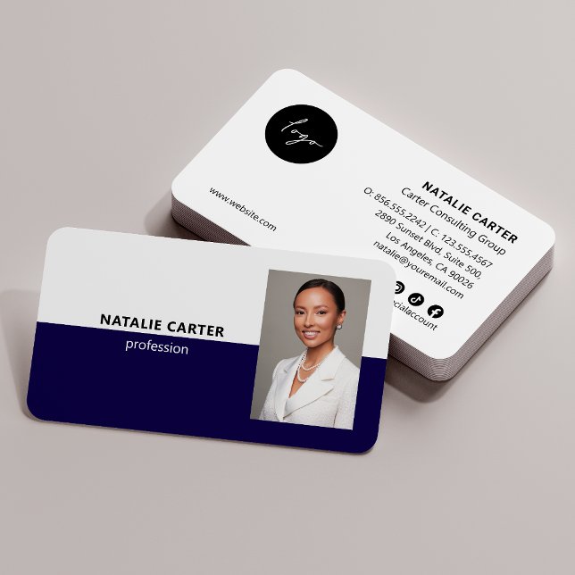 QR CODE  Logo Professional Photo Portrait NAVY Business Card (Creator Uploaded)