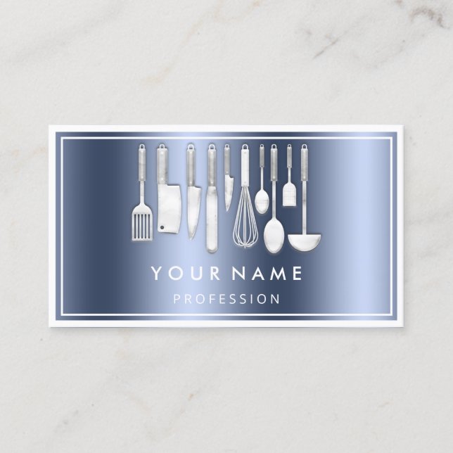 QR CODE Logo Restaurant Cooking Diet Chef Blue Business Card (Front)