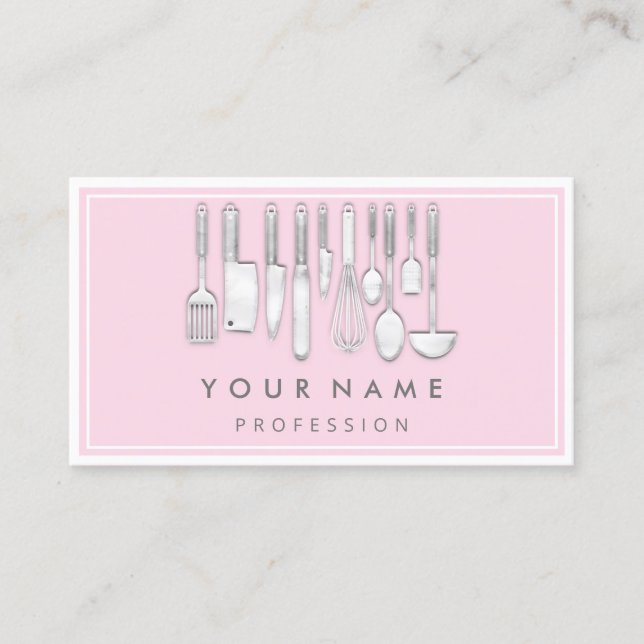 QR CODE Logo Restaurant Cooking Diet Chef Pink Business Card (Front)