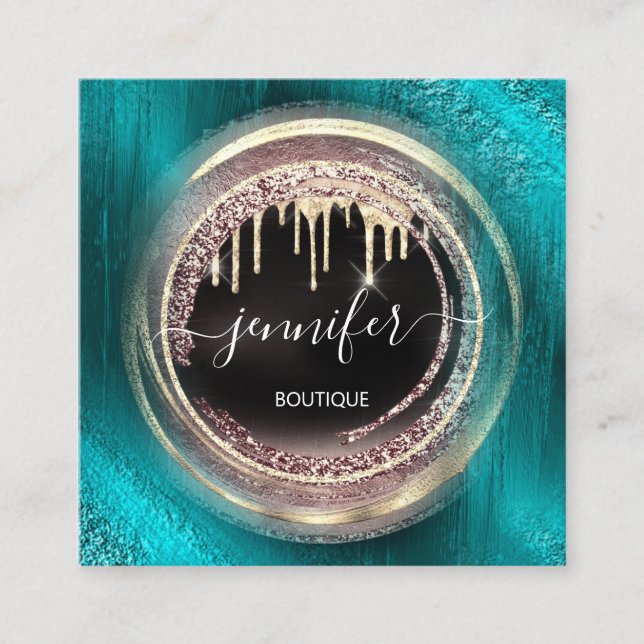 QR Code Logo Shop Black Gold Drips Rose Teal  Square Business Card (Front)