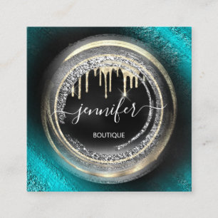 QR Code Logo Shop Black Gold Drips Silver Grey Square Business Card