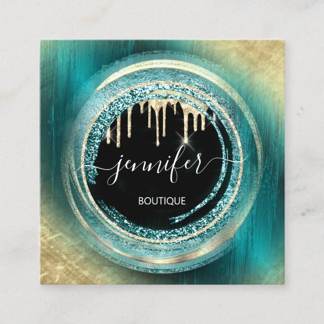 QR Code Logo Shop Black Gold Drips Teal Abstract Square Business Card (Front)