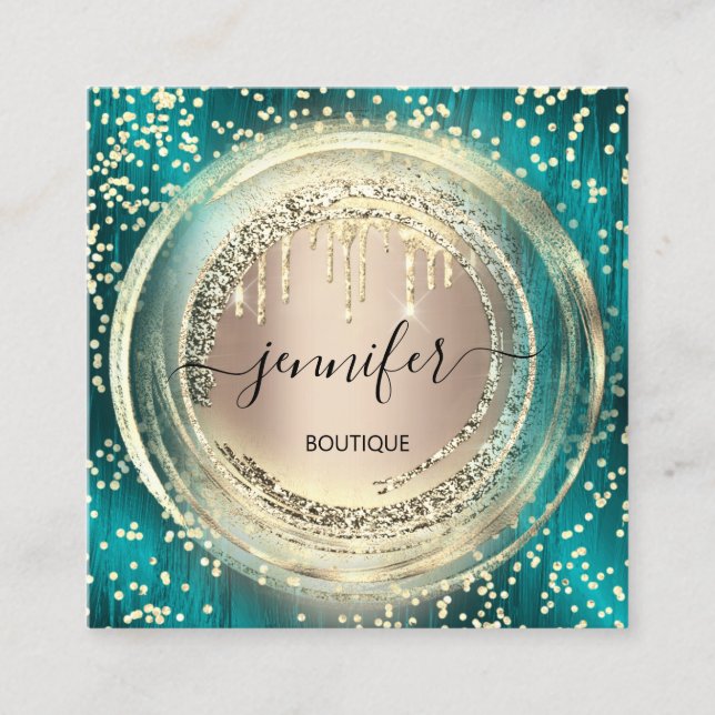 QR Code Logo Shop Blush Rose Gold Drips Confetti Square Business Card (Front)