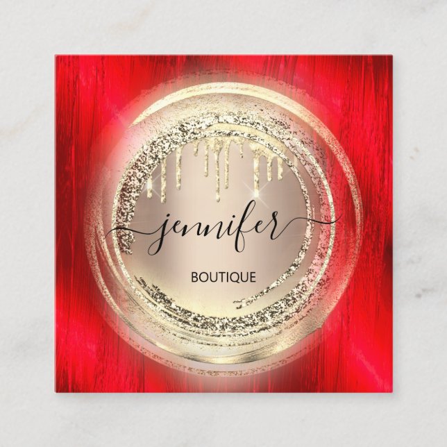 QR Code Logo Shop Blush Rose Gold Drips Red Square Business Card (Front)